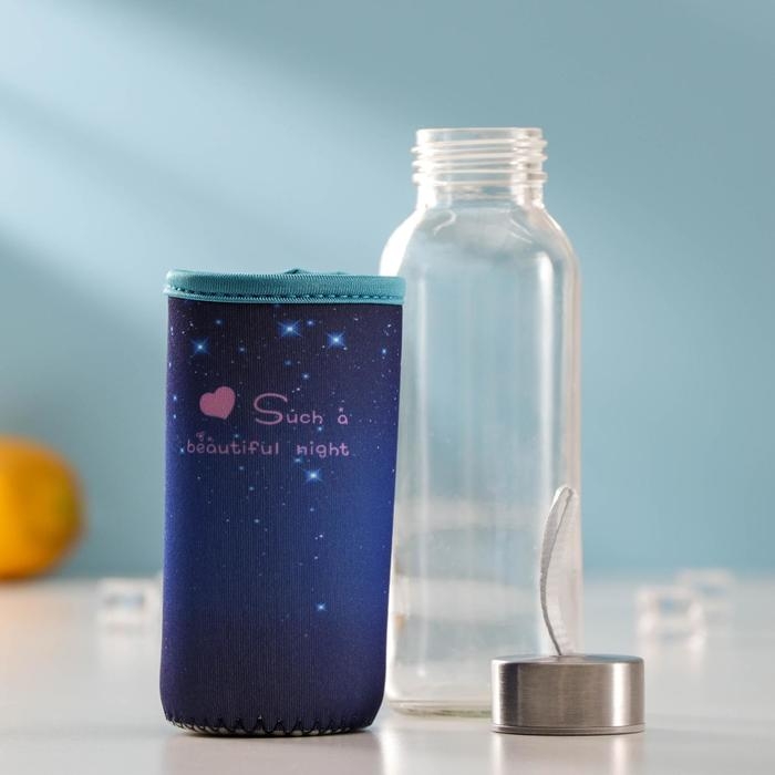 Бутылка для воды стеклянная в чехле «Звёздное небо», 300 мл, h=17 см, цвет МИКС Бутылка для воды стеклянная в чехле «Звёздное небо», 300 мл, h=17 см, цвет МИКС