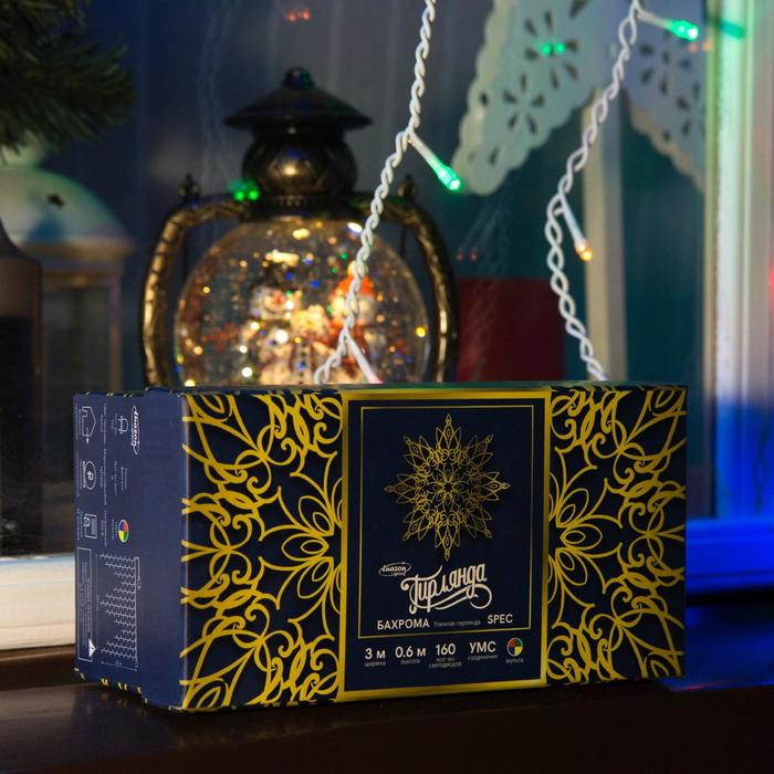 Гирлянда &laquo;Бахрома&raquo; 3 &times; 0.6 м, IP44, УМС, белая нить, 160 LED, свечение мульти, 220 В