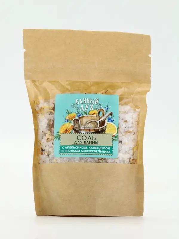 Банный Дух Соль для ванны с апельсином, календулой и ягодами можжевельника, 150 г.