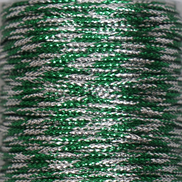 Сутажный шнур на бобине "Зелёный с серебром" намотка 15 м толщина 2 мм 4,3х4,7х4,7 см