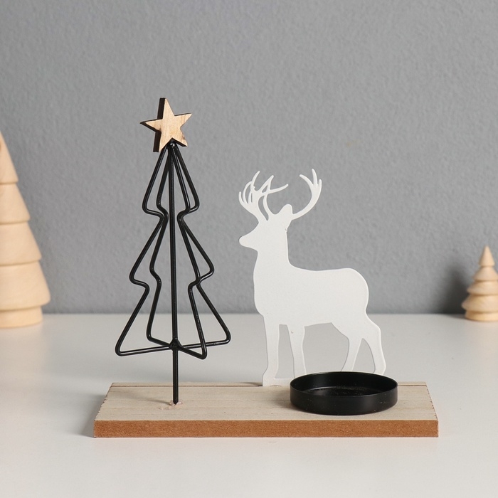 Подсвечник металл, дерево на 1 свечу "Олень у ёлочки" d=4 см 7,5х16х16 см