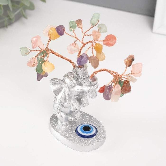 Сувенир бонсай "Серебристый слон с денежным деревом" цветные 36 камней 6,2х4,5х13,5 см