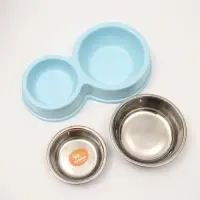 Миска металлическая двойная на пластиковом основании, 28 х 17,3 х 5 см, голубая