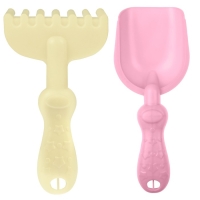 Песочный набор: ведро 1,2 л, лопатка, грабли, 4 формочки, лейка 0,2 л, розово-салатовый