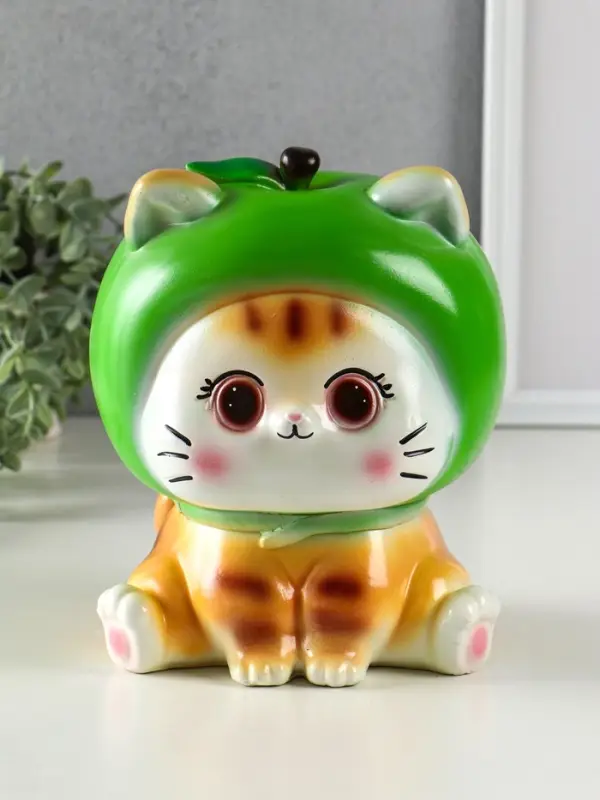 Копилка "Кот в костюме яблоко"зелёный, 21х17х17 см