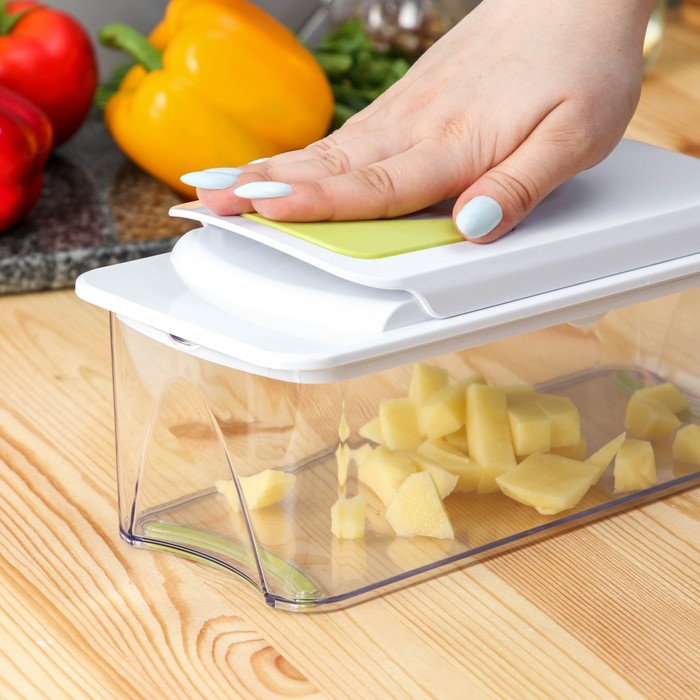 Овощерезка - шинковка со сменными насадками и контейнером Доляна, 6 насадок, 14&times;12,5&times;38,1 см, цвет белый, зелёный