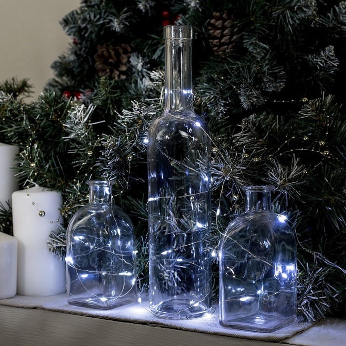 Гирлянда &laquo;Нить&raquo; 5 м роса, IP20, серебристая нить, 50 LED, батарейки CR2032х2 (в комплекте), свечение белое