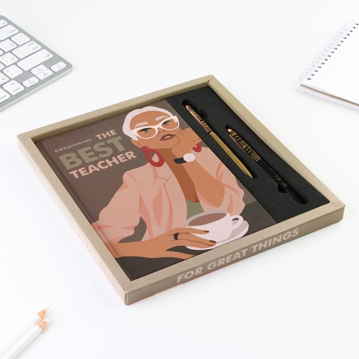 Подарочный набор &laquo;The BEST TEACHER&raquo;: ежедневник А5, 80 листов и 2 шт ручки (шариковые, 1 мм, синяя,красная паста)