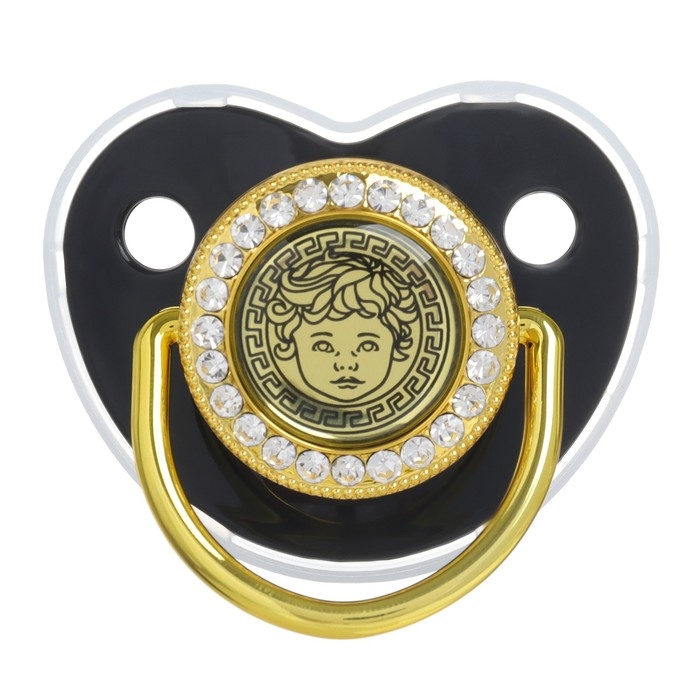 Соска - пустышка силиконовая ортодонтическая &laquo;Наш ангел&raquo;, от 6 мес., с колпачком + держатель - цепочка, цвет черный/золото, стразы