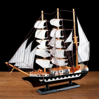 Корабль сувенирный большой &laquo;Рион&raquo;, борта сине/чёрные, паруса бежевые с полосами, 50х44х10 см