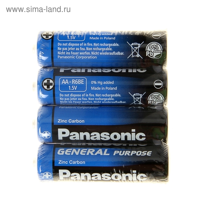 Батарейка солевая Panasonic General Purpose, AA, R6-4S, 1.5В, спайка, 4 шт. Батарейка солевая Panasonic General Purpose, AA, R6-4S, 1.5В, спайка, 4 шт.