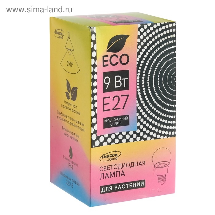 Фитолампа светодиодная Luazon Lighting, А60, E27, 9Вт, IP44, 220В, 270&deg;, мультиспектральная