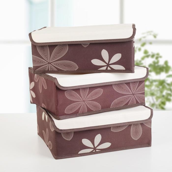 Набор органайзеров для хранения белья с крышкой &laquo;Листочки&raquo;, 3 шт, 32&times;24&times;12 см, цвет коричневый