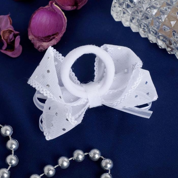 Резинка для волос "Школьница" бант ленточка горох, d-7 см, белый