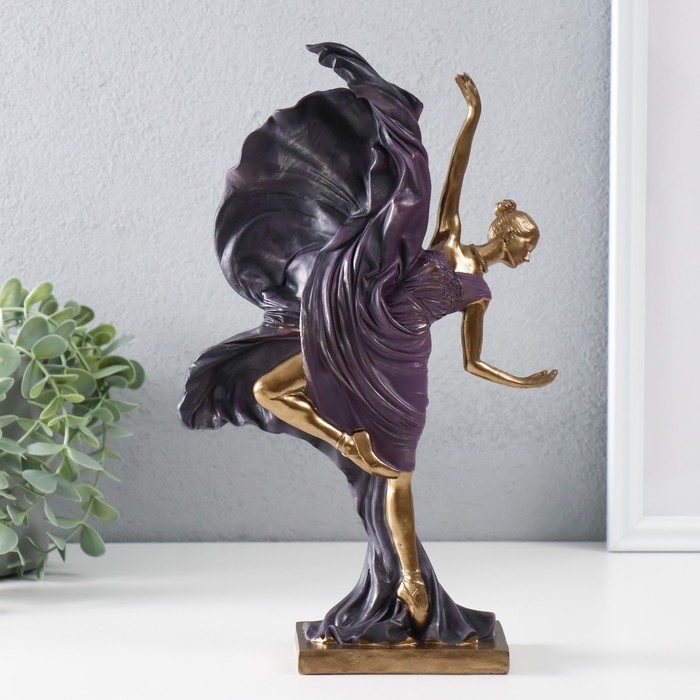 Сувенир полистоун "Балерина в летящем фиолетовом платье" бронза 19х7,5х30,5 см