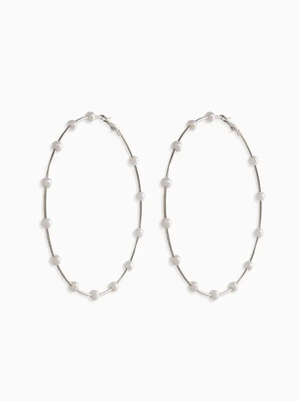 Серьги-кольца "Жемчуг" d=10см. №6, цвет белый в серебре