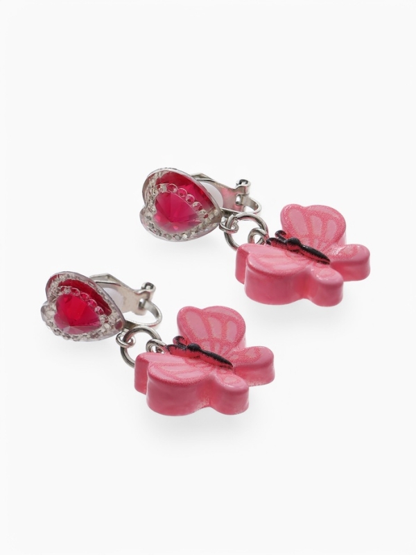 Серьги-клипсы детские "Выбражулька" бабочка драгоценность с сердцем кристалл, цвет розовый