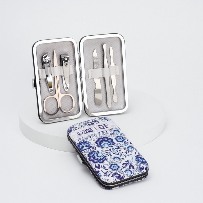 Набор маникюрный «Гжель», 6 предметов, в футляре, синий, белый Набор маникюрный «Гжель», 6 предметов, в футляре, синий, белый