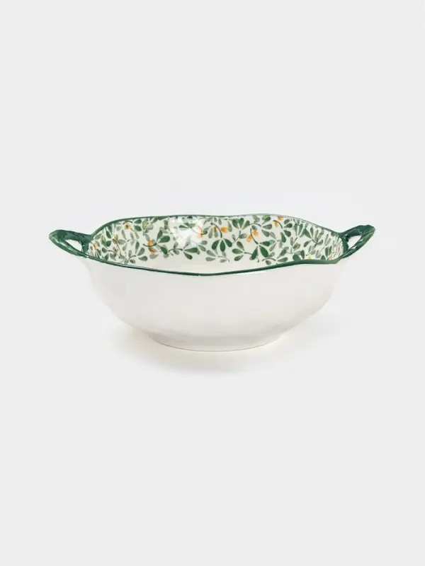Бульонница с ручками &laquo;Гармония лепестков&raquo;, 22.5&times;18&times;7 см, фарфор, белая, зелёная