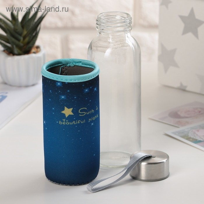 Бутылка для воды стеклянная в чехле «Звёздное небо», 300 мл, h=17 см, цвет МИКС Бутылка для воды стеклянная в чехле «Звёздное небо», 300 мл, h=17 см, цвет МИКС