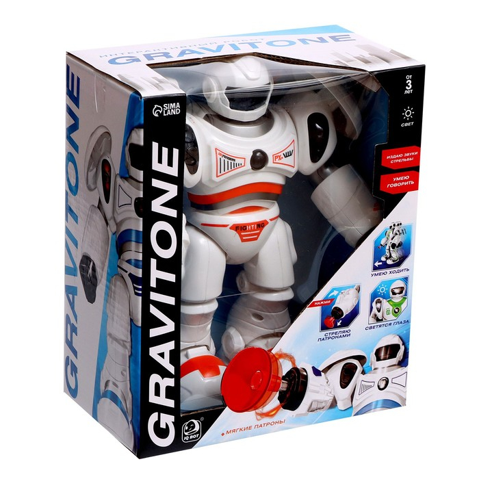 Робот GRAVITONE, свет, звук, стреляет, на батарейках, русская озвучка, цвет МИКС