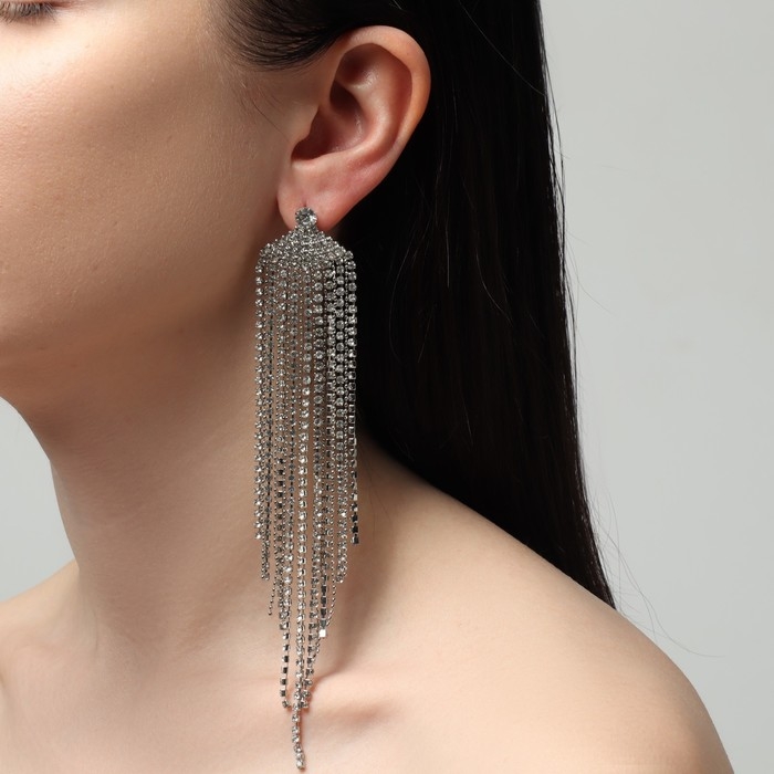 Серьги висячие со стразами «Водопад» веер, цвет белый в серебре, 15,5 см Серьги висячие со стразами «Водопад» веер, цвет белый в серебре, 15,5 см