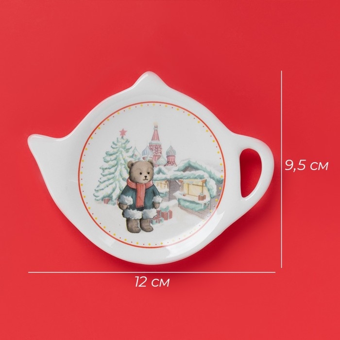 Новогодняя подставка под чайный пакетик Доляна &laquo;Московский мишка&raquo;, керамика, 12&times;9,5 см, цвет белый