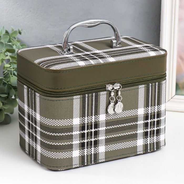 Шкатулка кожзам с зеркалом "Клетка. Зелёный" набор 3 шт 18х10х12,5 21х13х15,5 23х15х18,5 см