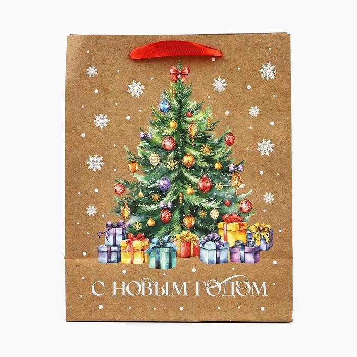 Пакет подарочный новогодний крафтовый вертикальный &laquo;С Новым годом&raquo;, ёлка, MS 18 х 23 х 10 см, Новый год