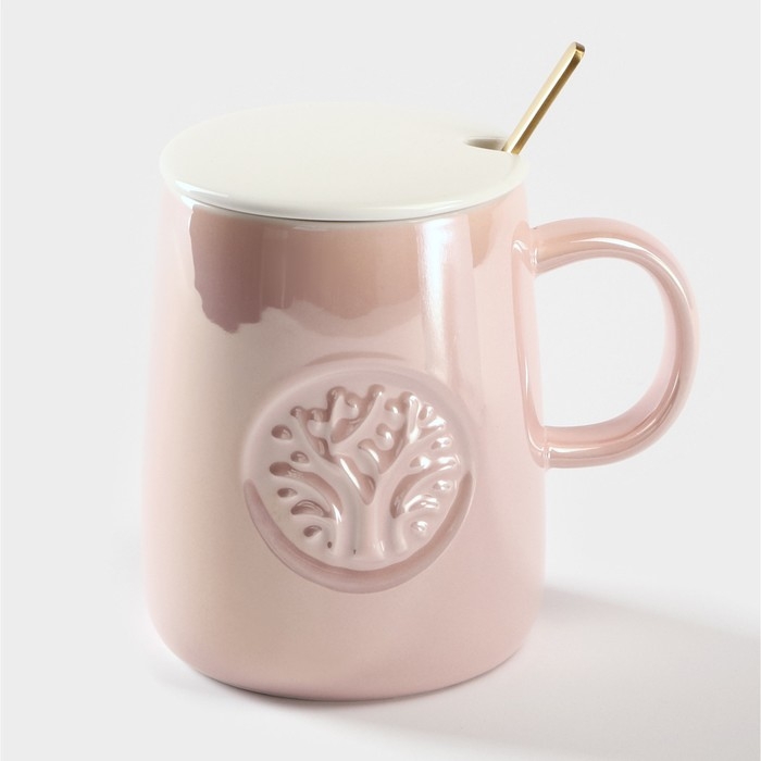 Кружка керамическая с ложкой &laquo;Древо&raquo;, 380 мл, цвет розовый