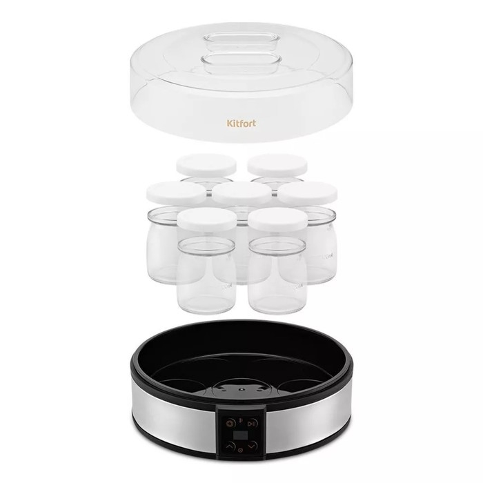 Йогуртница Kitfort КТ-6363, 20 Вт, 180 мл, 7 ёмкостей, стекло, серебристо-чёрная