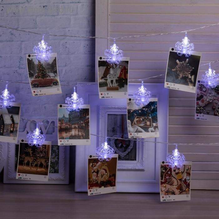 Гирлянда &laquo;Нить&raquo; 4.5 м с насадками &laquo;Прищепки-снежинки&raquo;, IP20, прозрачная нить, 20 LED, свечение белое, 220 В