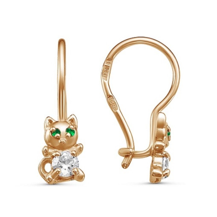 Серьги детские &laquo;Котёнок&raquo; малыш, розовое золочение, цвет бело-зелёный