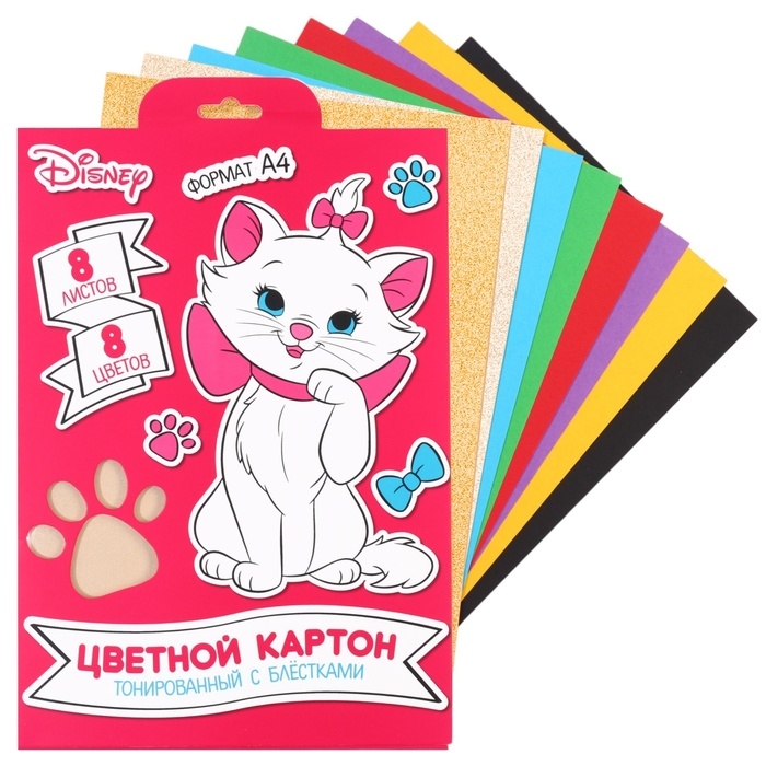 Картон цветной с блёстками, А4, 8 листов, 8 цветов, немелованный, двусторонний, в папке, 250 г/м&sup2;, Коты Аристократы