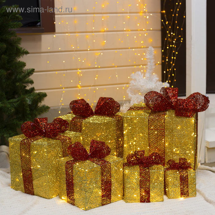 Светодиодная фигура &laquo;Подарки с красной лентой&raquo; 15, 20, 25, 30, 35, 40 см, текстиль, металл, 220 В, 8 режимов, свечение тёплое белое