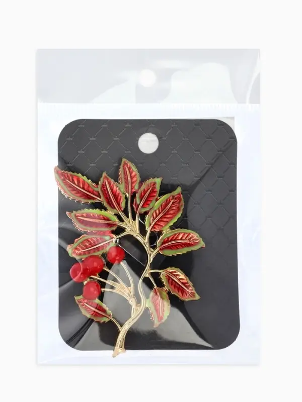 Брошь "Веточка Калины", цвет красно-коричневый в золоте