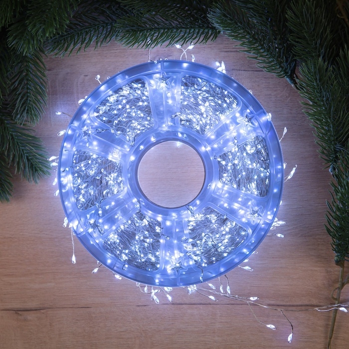 Гирлянда &laquo;Мишура&raquo; 50 м роса, IP44, серебристая нить, 1500 LED, 8 режимов, свечение белое, 36 В