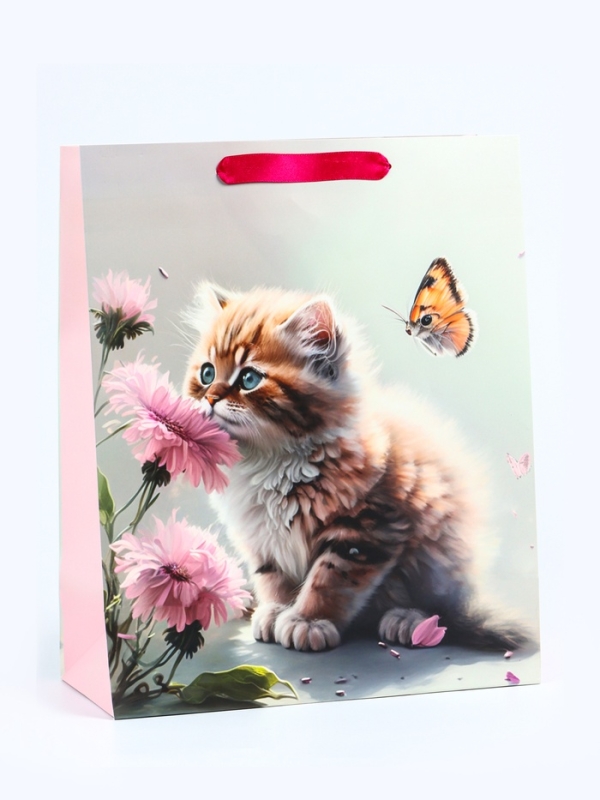 Пакет подарочный ламинированный вертикальный &laquo;Котик и цветок&raquo;, M 26 &times; 32 &times; 12 см