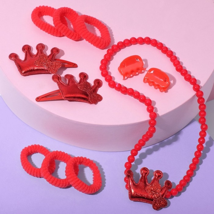 Набор детский&laquo;Выбражулька&raquo;12 пред-тов:4 заколки,6 резинок,бусы,корона, цвет красный