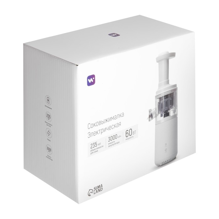Портативная соковыжималка Windigo LJE-002, 60 Вт, от USB, 3000 мА/ч., белая Портативная соковыжималка Windigo LJE-002, 60 Вт, от USB, 3000 мА/ч., белая