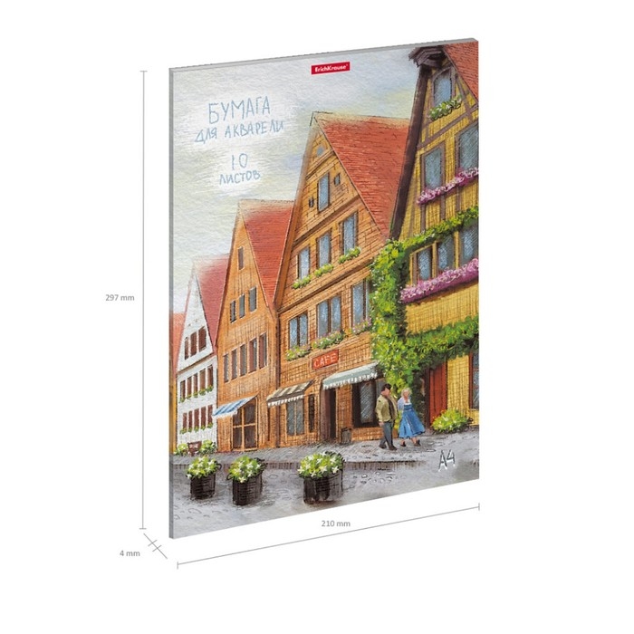 Бумага для акварели А4, 10 листов, ErichKrause Promenade, блок 180 г/м&sup2;, 100% белизна, в картонной папке
