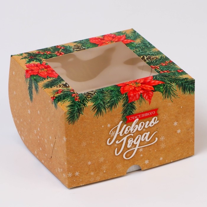 Новый год. Коробка для 4 капкейка с окном "Сладкого Нового года!", 16 х 16 х 10 см, упаковка