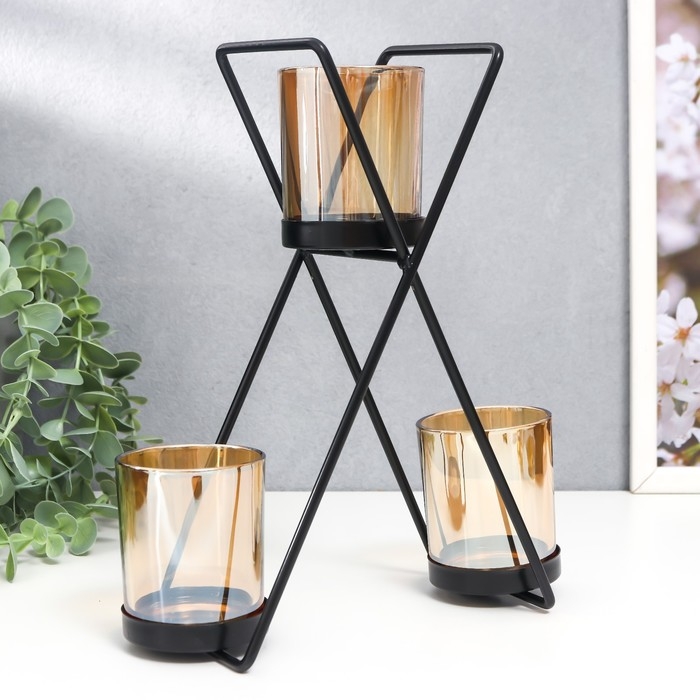 Подсвечник металл, стекло на 3 свечи "Гарна" d-5 см, чёрный 9х21х25 см