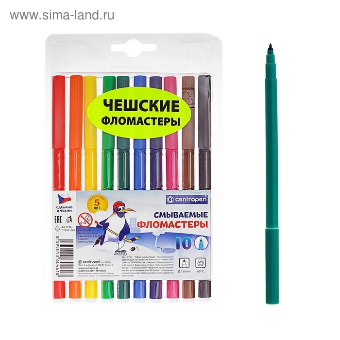 Фломастеры 10 цветов, 1.8 мм Centropen 7790 Washable, смываемые, европодвес, линия 1.0 мм