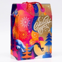 Новый год. Подарочная коробка новогодняя Чудолесье многоуровневое тиснение фольгой 23 х 10 х 33 см.