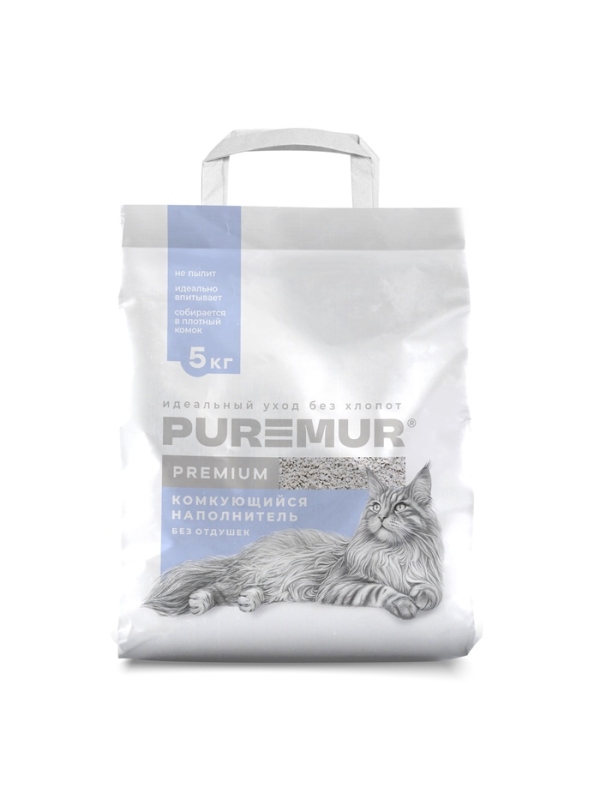 Наполнитель минеральный комкующийся PureMur Premium 5 кг,бумажный пакет