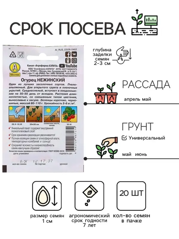 Семена Огурец "Нежинский", "Лидер", пчелоопыляемый, 20 шт