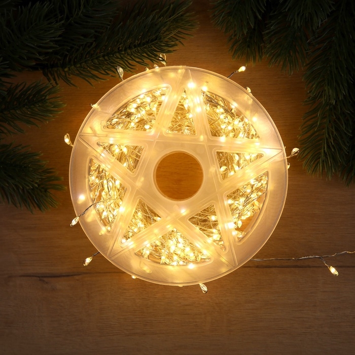 Гирлянда &laquo;Мишура&raquo; 20 м роса, IP44, серебристая нить, 600 LED, 8 режимов, свечение тёплое белое, 18 В