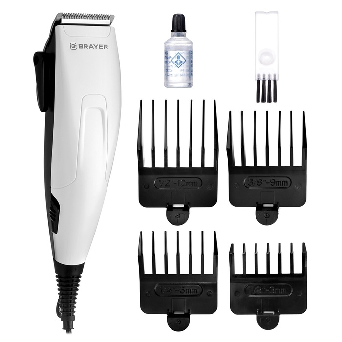 Машинка для стрижки BRAYER 3430BR, 15 Вт, 3-12 мм, 3500 об/мин, 4 насадки, нерж. сталь,