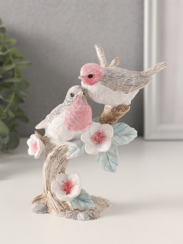 Сувенир полистоун "Воробышки на цветочном дереве" розово-голубой 11,5х5,5х13,5 см